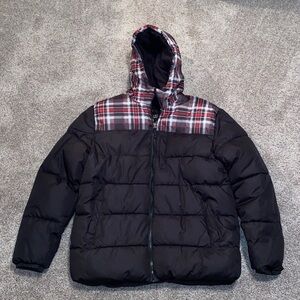Kids hooded zip up puffer coat, size XL with fleece lining and pockets